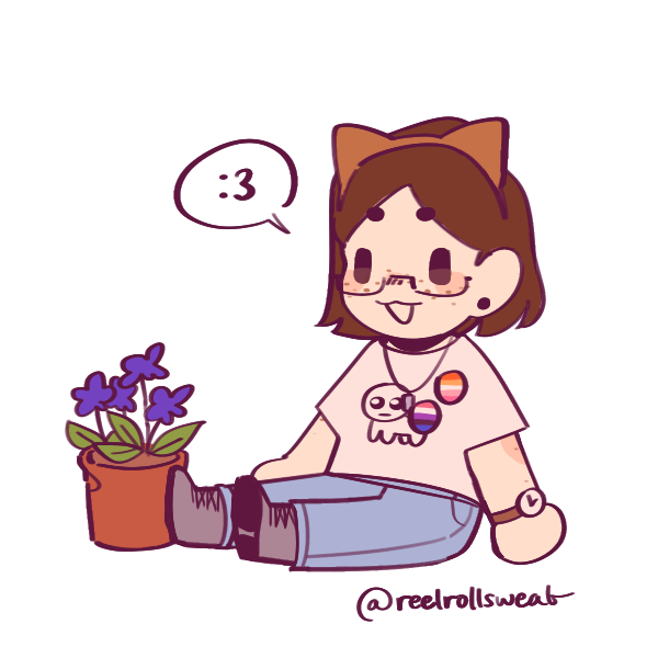 Drawing of the author, Sparrow, wearing an Autism Creature T-shirt and jeans with lesbian and genderfluid pride pins, glasses, and a cat-ear headband