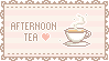 Pixel art of a teacup with text 'afternoon tea' and a heart emoji
