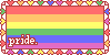 A rainbow flag surrounded by rainbow hearts with text 'pride.'